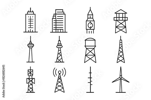 High-Rise Icon Grid. High-rise structures. Line icon set of High-rise structures: office skyscraper, mixed-use high-rise, clock tower, fire lookout tower,