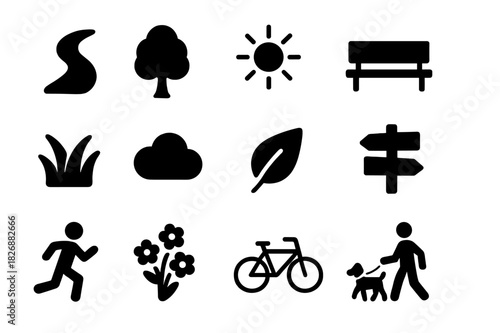 Outdoor Walk Icons. Outdoor walk. Solid icon set of Outdoor walk: path icon, tree, sun icon, park bench, grass, cloud, leaf, trail sign, jogging figure,