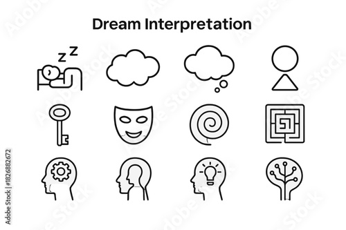 Dream Icons Set. Dream Interpretation. Line icon set of Dream Interpretation: sleeping person, cloud, thought bubble, unconscious symbol, key, mask, spiral,