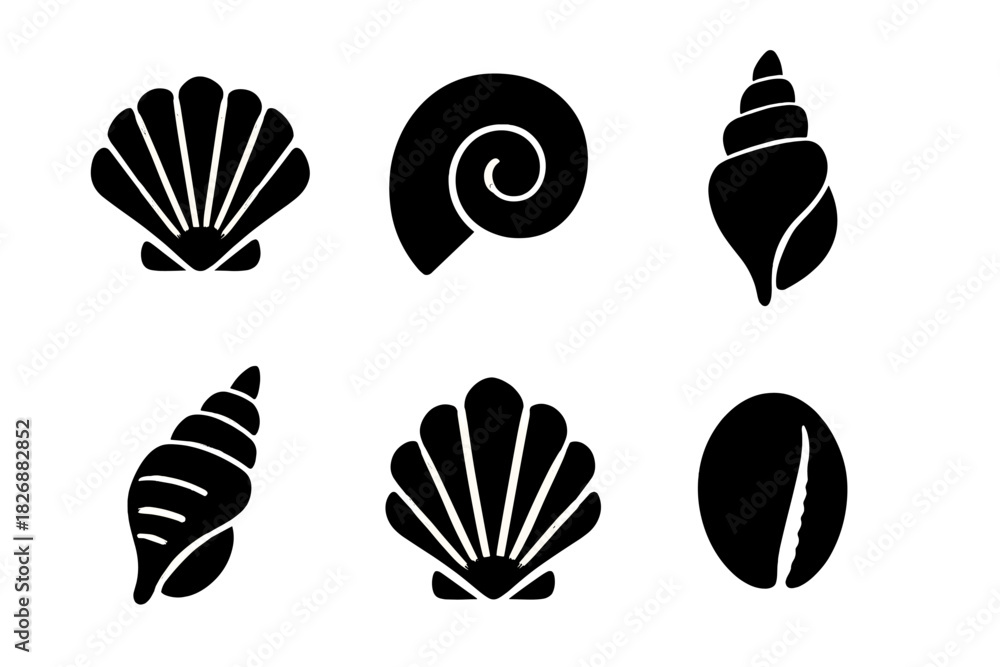 Fototapeta premium Six black seashell silhouettes isolated on white background for marine and ocean design