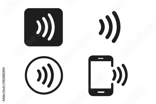 Black contactless payment and wireless signal icons for mobile technology and NFC transactions