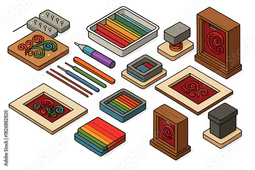 Isometric collection of paper quilling craft supplies, rolling tools, and finished designs