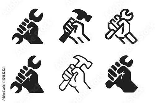 Work Ethic Icons. work ethic. Icon set. Set Logo of work ethic: strong hands holding tools. harmonious logo variations of the same emblematic concept, each