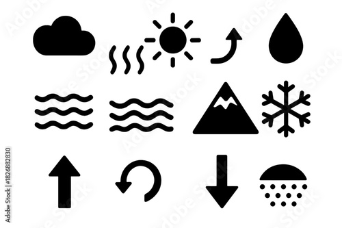 Condensation Icons Grid. Condensation stage. Solid icon set of Condensation stage: cloud, water vapor, sun, raindrop, river, ocean, mountain, snowflake,