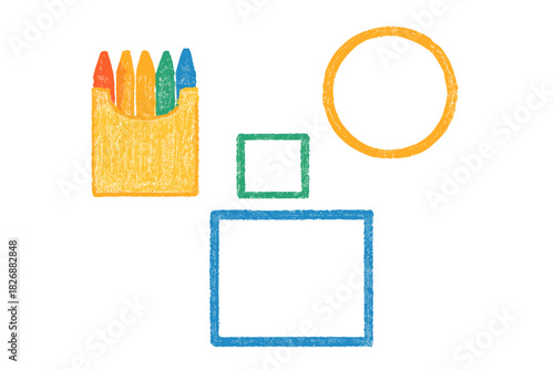 Colorful box of wax crayons next to hand-drawn geometric shapes like a circle and squares