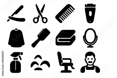 Barber Tools Icons. Barber tools. Solid icon set of Barber tools: straight razor, scissors, comb, clipper, cape, hairbrush, towel, mirror, spray bottle, hair