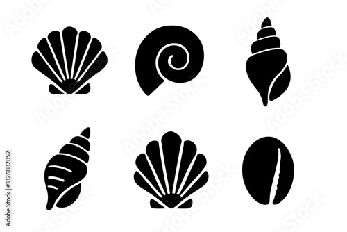 Six black seashell silhouettes isolated on white background for marine and ocean design