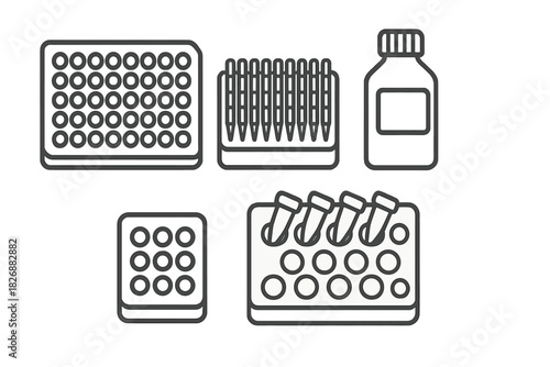 Essential scientific laboratory equipment set with test tubes, well plates, and reagent bottles