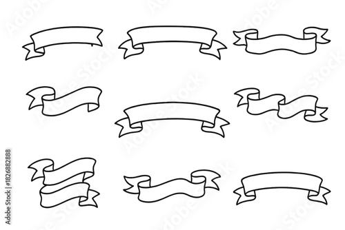 Set of nine hand drawn style black outline ribbon banners and scrolls