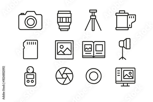 Photography Gear Icons. Photography gear essentials. Line icon set of Photography gear essentials: camera, lens, tripod, film roll, memory card, photo frame,