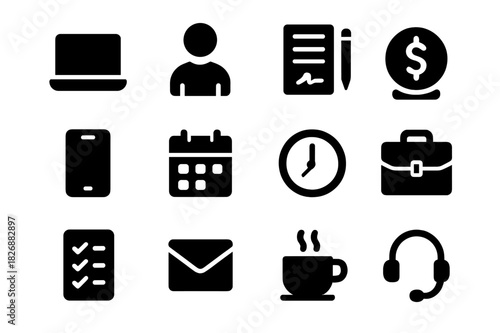 On-Demand Work Icons. On-demand work. Solid icon set of On-demand work: laptop, freelancer, contract, payment, smartphone, calendar, clock,