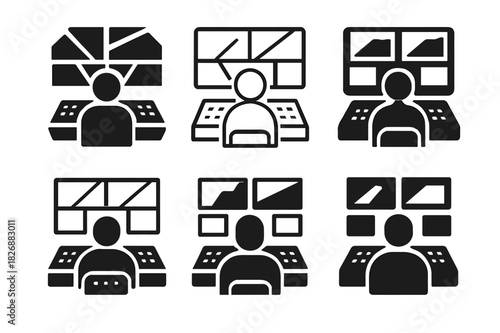 TV Control Room Logos. TV control room and technicians. Icon set. Set Logo of TV control room and technicians: sound mixing desk. harmonious logo variations of