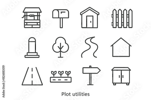 Plot Utilities Icons. Plot utilities. Line icon set of Plot utilities: water well, mailbox, shed, fence, boundary marker, tree, pathway, house outline,