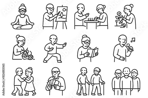 Senior Activity Icons. Senior activities. Line icon set of Senior activities: yoga, painting, chess, gardening, knitting, tai chi, reading, singing, dancing,
