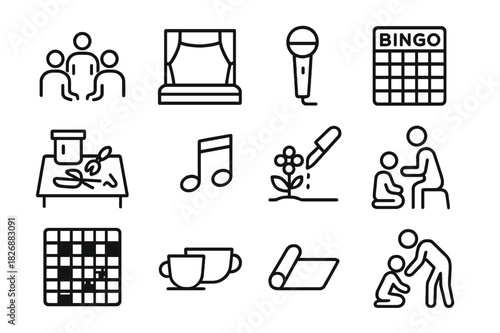 Community Event Icons. Community events. Line icon set of Community events: group meeting, stage, microphone, bingo board, craft table, music notes, gardening,