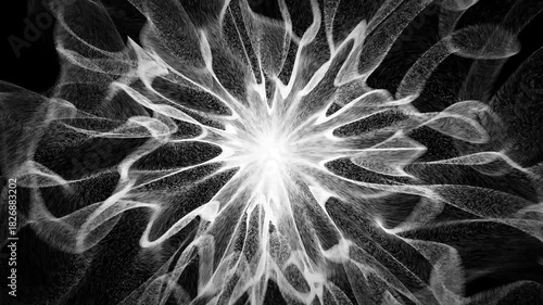 Abstract monochrome visualization depicting an intense burst of radiant energy at the center. White dynamic particles emitter with fast and bright wave strands for science and technology art. 4K 60fps