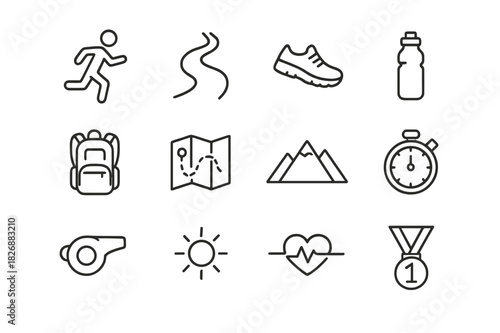 Trail Running Icons. Trail running. Line icon set of trail running: runner, trail path, sneakers, water bottle, backpack, map, mountain, stopwatch, whistle,