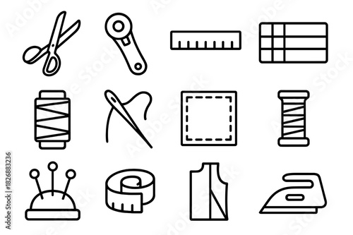 Fabric Cutting Tools Icons. Fabric cutting. Line icon set of fabric cutting: scissors, rotary cutter, ruler, cutting mat, thread, needle, fabric square, spool,
