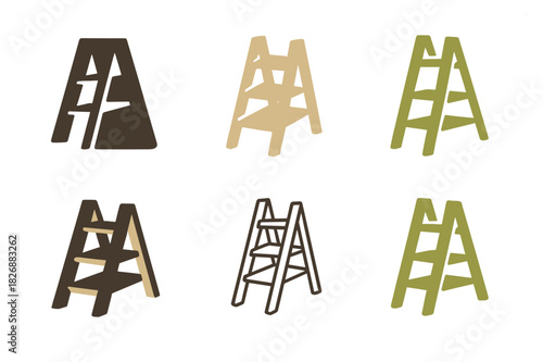 Upcycled Decor Icons. upcycled home decor. Icon set. Set Logo of upcycled home decor: ladder turned shelf. harmonious logo variations of the same emblematic