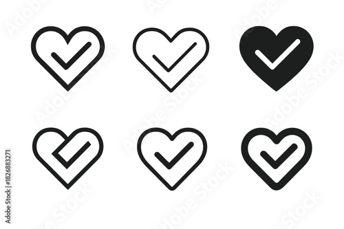 Ethical Branding Icons. Ethical branding. Icon set. Set Logo of ethical branding: heart with checkmark. harmonious logo variations of the same emblematic