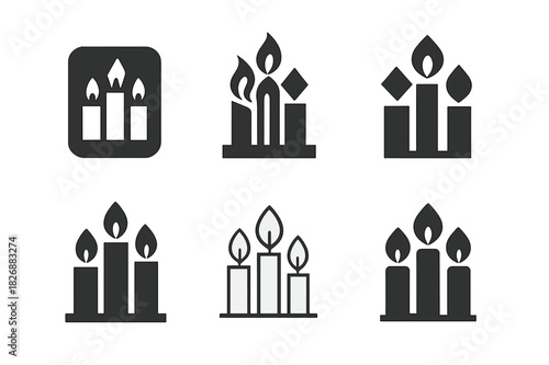 Candle Logo Set. candle. Icon set. Set Logo of candle: candle trio arrangement. harmonious logo variations of the same emblematic concept, each with different