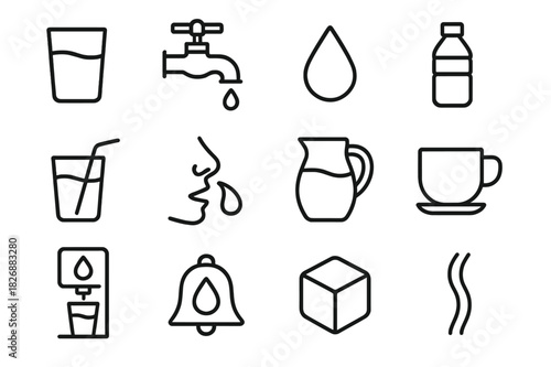 Drinking Water Icons. Drinking water. Line icon set of drinking water: glass, faucet, droplet, water bottle, straw, mouth, jug, cup, refill station, hydration