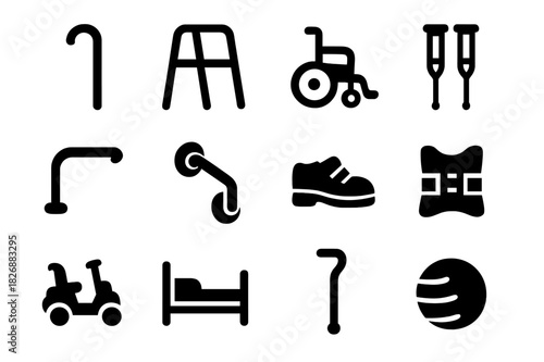 Elderly Aids Icons. Elderly aids. Solid icon set of Elderly aids: walking cane, walker, wheelchair, crutches, handrail, grab bar, orthopedic shoe, support