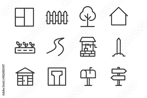 Plot Line Icon Set. Plot. Line icon set of Plot: land parcel, fence, tree, house outline, garden bed, pathway, water well, boundary marker, shed, driveway,