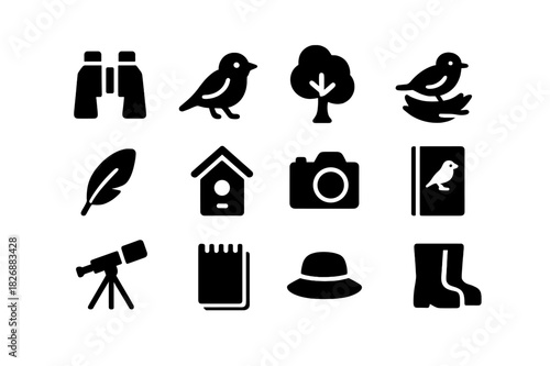 Birding Essentials Icons. Birding trip. Solid icon set of Birding trip: binoculars, bird, tree, nest, feather, birdhouse, camera, field guide, telescope,