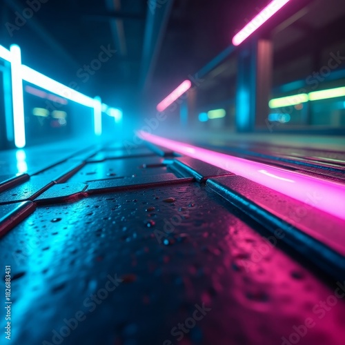 Wet dark surface with neon lights pink blue