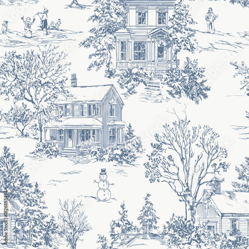 Christmas Floral Blue Toile