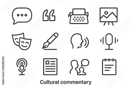 Cultural Icon Grid. Cultural commentary. Line icon set of cultural commentary: speech bubble, quote mark, typewriter, painting, theater mask, pen, voice icon,