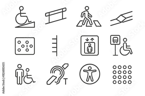 Barrier-Free Icon Set. Barrier-free environment. Line icon set of Barrier-free environment: wheelchair ramp, handrail, pedestrian crossing, sidewalk curb cut,