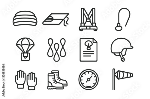 Parachute Packing Icons. Parachute packing. Line icon set of Parachute packing: folded parachute, packing mat, harness, ripcord, reserve chute, cord loops,