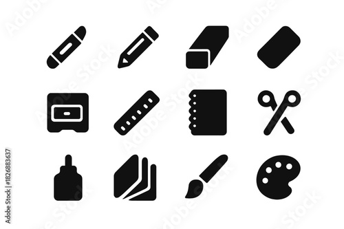Stationery Icons Set. Stationery. Solid icon set of Stationery: crayon, pencil, marker, eraser, sharpener, ruler, sketchbook, scissors, glue, colored paper,