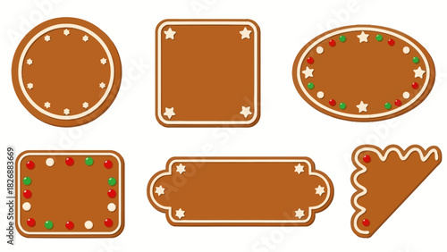 Set of six decorative gingerbread cookies with icing outlines and colorful candy decorations, perfect for holiday and celebration themes