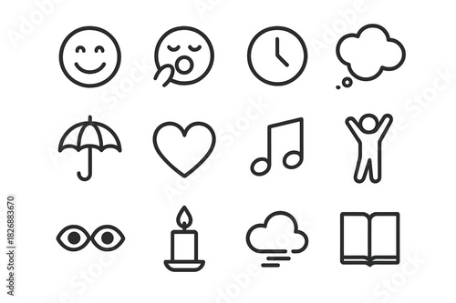 Thursday Icon Set. Thursday mood. Line icon set of Thursday mood: smiley face, yawning face, clock, thought bubble, umbrella, heart, music note, stretching