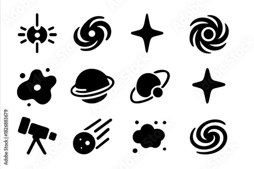 Cosmic Icon Collection. Universe Exploration. Solid icon set of quasar, galaxy, star, black hole, nebula, planet, orbit, light beam, telescope, comet, cosmic