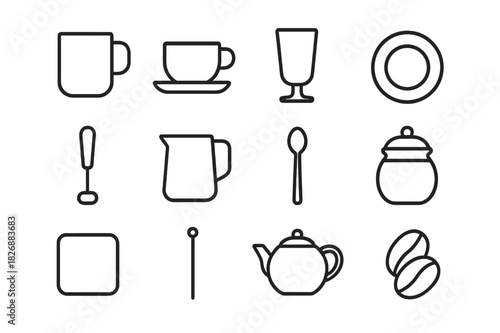 Cafe Essentials Icons. Cafe essentials. Line icon set of Cafe essentials: coffee mug, espresso cup, latte glass, saucer, frother, milk jug, spoon, sugar jar,