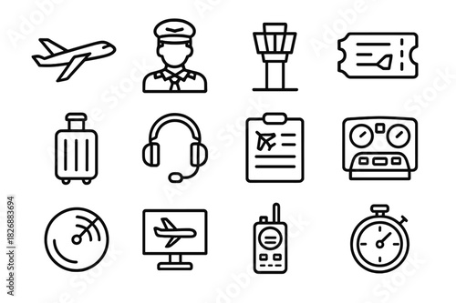 Airline Icon Set. Airline Operations. Line icon set of Airline Operations: airplane, pilot, control tower, ticket, luggage, headset, flight schedule, cockpit,