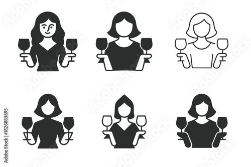 Hostess Logo Variations. Hostess. Icon set. Set Logo of Hostess: person holding wine glasses. harmonious logo variations of the same emblematic concept, each
