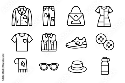 Recycled Fashion Icons. Recycled fashion. Line icon set of Recycled fashion: upcycled jacket, recycled jeans, repurposed bag, patchwork dress, vintage t-shirt,