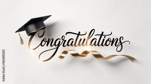 Minimalist luxury artwork with elegant ‘congratulations’ gold lettering, glossy metallic accents, modern clean aesthetic, high-quality design with ribbon-wave detail and matte-black graduation cap.