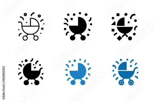 Baby Shower Icons. Baby shower party ideas and decorations. Icon set. Set Logo of baby shower party ideas and decorations: baby stroller surrounded