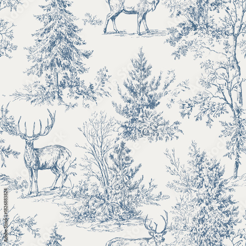 Christmas Floral Blue Toile