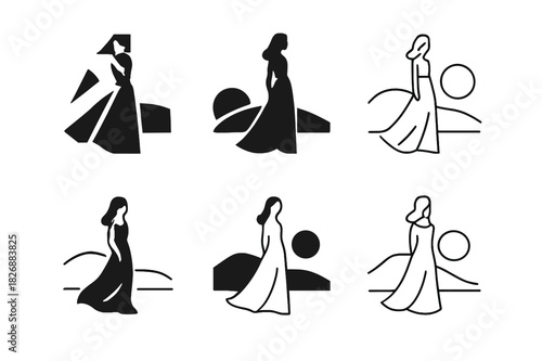 Model Logo Variations. model on location. Icon set. Set Logo of model on location: elegant pose by scenery. harmonious logo variations of the same emblematic