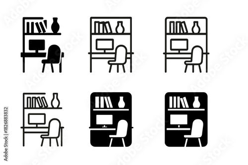 Home Office Icons. redesigning a home office space. Icon set. Set Logo of redesigning a home office space: shelves with books and decor. harmonious logo