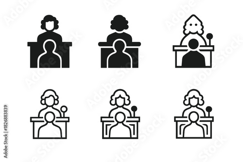 Courtroom Logo Variations. Courtroom scene with defendant. Icon set. Set Logo of courtroom: defendant facing judge. harmonious logo variations of the same