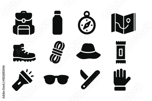 Hiker Essentials Icons. Hiker Essentials. Solid icon set of Hiker Essentials: backpack, water bottle, compass, map, boots, rope, hat, snack bar, flashlight,