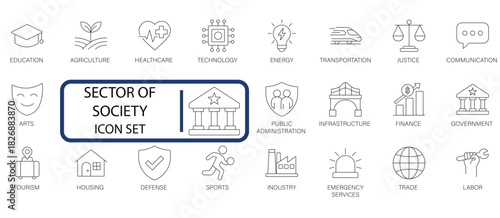 Sector of Society line icon set. Covers Government, Education, Healthcare, Finance, Industry, and Infrastructure for social and economic concepts.